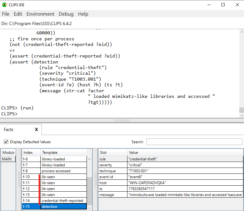 CLIPS IDE showing updated rule version triggering