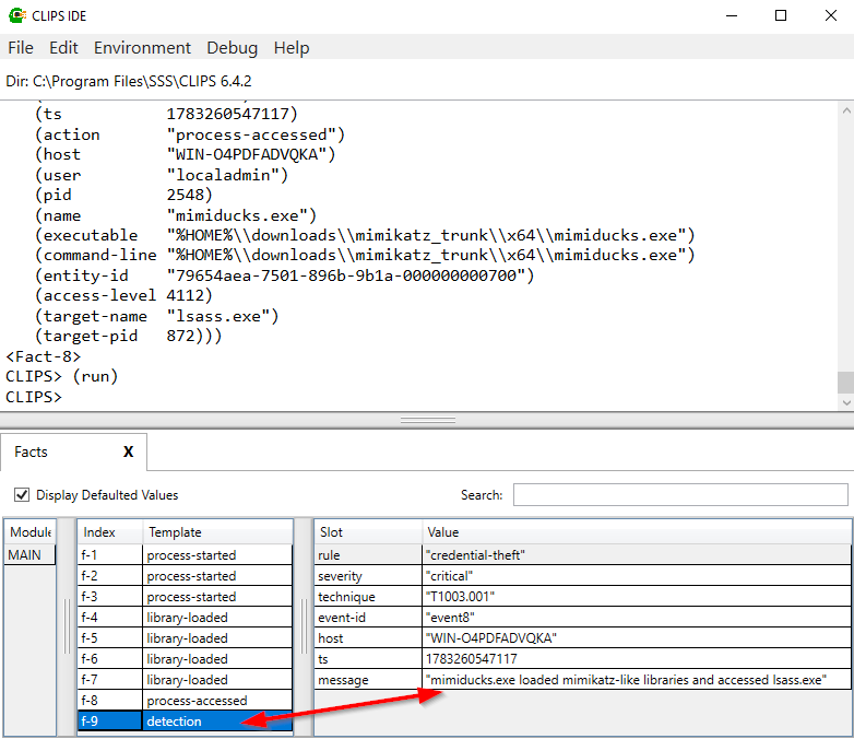 CLIPS IDE showing rule triggering