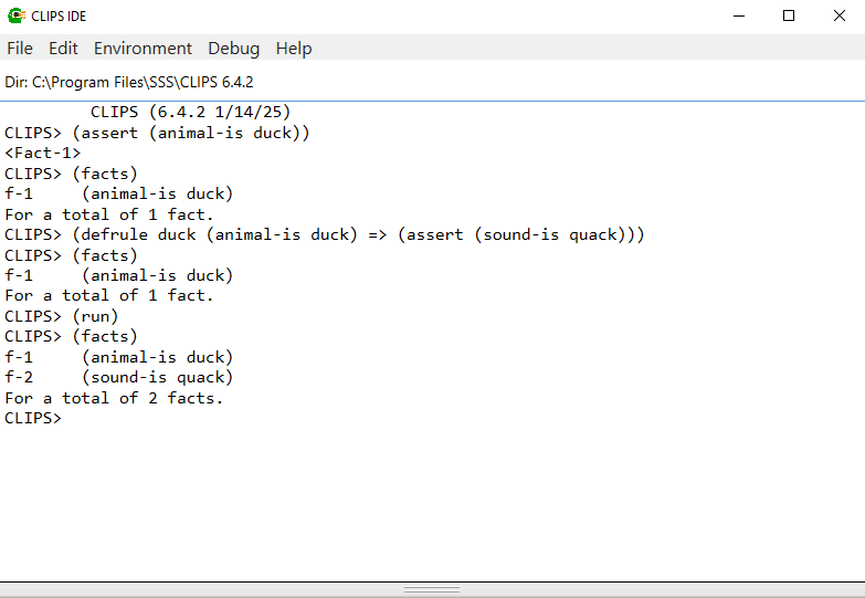 CLIPS IDE showing basic example from User’s Guide