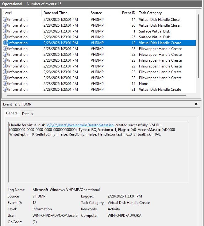 Event Viewer showing Event ID 12 in Microsoft-Windows-VHDMP-Operational.