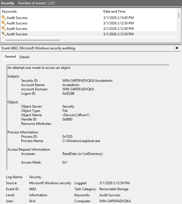 Event Viewer showing Security log Event ID 4663 Removable Storage auditing.